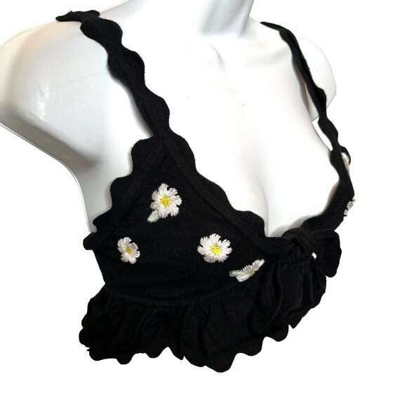 For Love & Lemons Daisy Knit Bra Size XS Black Yellow Floral Crop Top Bralette S - Picture 1 of 10